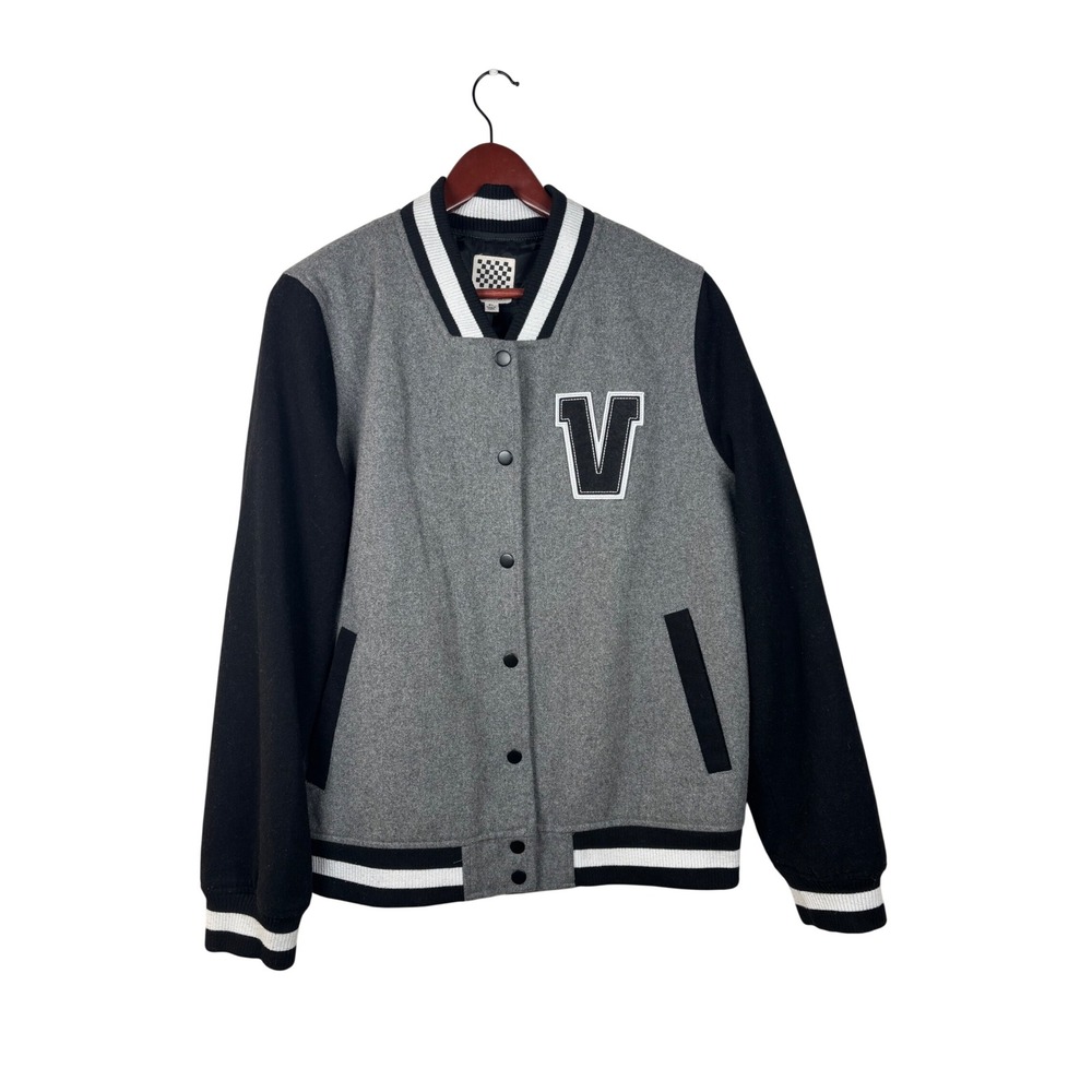 Vans Women's XL Varsity Bomber Jacket Grey Black Logo Snap Front Wool Blend